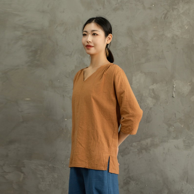 Women's Summer Cotton Tops Half Sleeves Blouse Casual Loose Kimono Customized Shirt Top Hand Made Plus Size Clothes Linen image 6