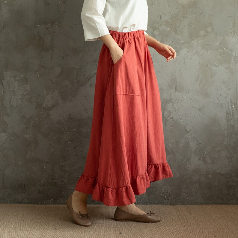 Summer Cotton Skirts A-line Pleated High-Low Hem Elastic Waist Skirt Flared Casual Loose Maxi Skirts Customized Plus Size Skirt Boho Linen image 7