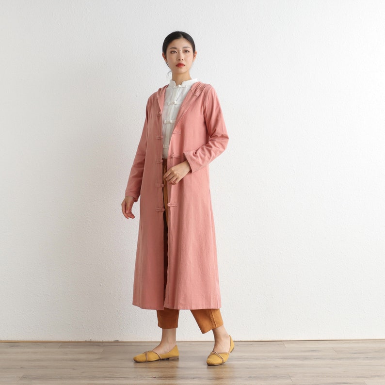 Hooded Cotton Dress Coat Casual Loose Robes Long Sleeves Cardigan Shift Dresses Midi Coat Customized Plus Size Clothing Linen 287 image 4