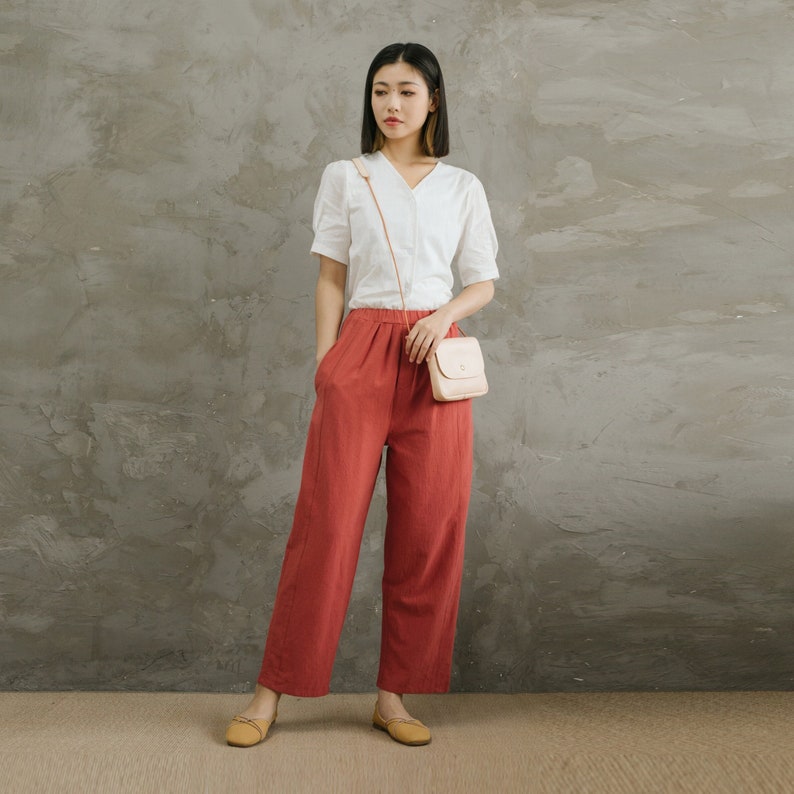 Summer Women Elastic Waist Cotton Pants Soft Casual Loose Boho Trousers Wide Leg Pant Customized Plus Size Pants Linen Spring Pant image 1