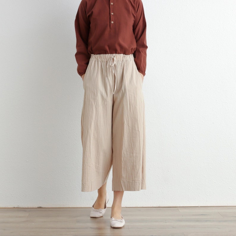 Summer Elastic Waist Cotton Pants Soft Casual Loose Cropped Pant Midi Trousers Wide Leg Skirt Pant Customized Plus Size Pants Linen image 2