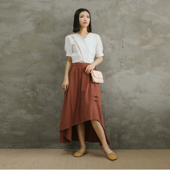 Gonna Lunga In Lino Donna - Vita Alta, Pieghe, Con Tasche, Stile Casual - Foto 6