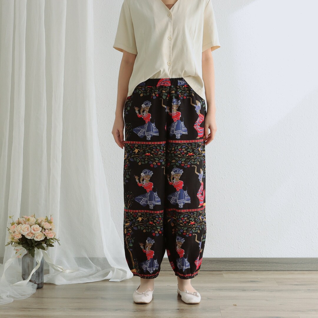 Loose Black Print Elastic Waist Cotton Crop Pants Winter JH018