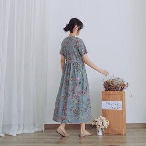 Summer Printed Cotton Dress Floral Casual Loose Robes Short Sleeves Dress Boho Midi Dresses Customize Dress Plus Size Clothes Linen Dress image 3