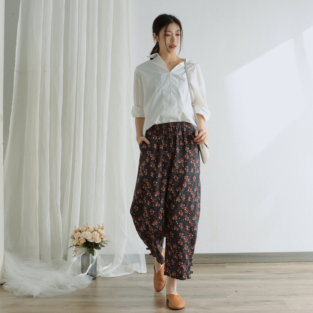 Floral Summer Pant Printed Elastic Waist Cotton Pants Soft Casual Loose Large Size Trousers Wide Leg Pant Customized Plus Pants Linen Pant