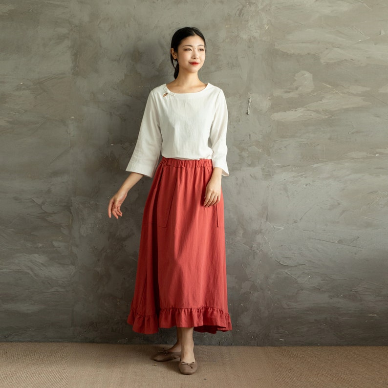 Summer Cotton Skirts A-line Pleated High-Low Hem Elastic Waist Skirt Flared Casual Loose Maxi Skirts Customized Plus Size Skirt Boho Linen image 2