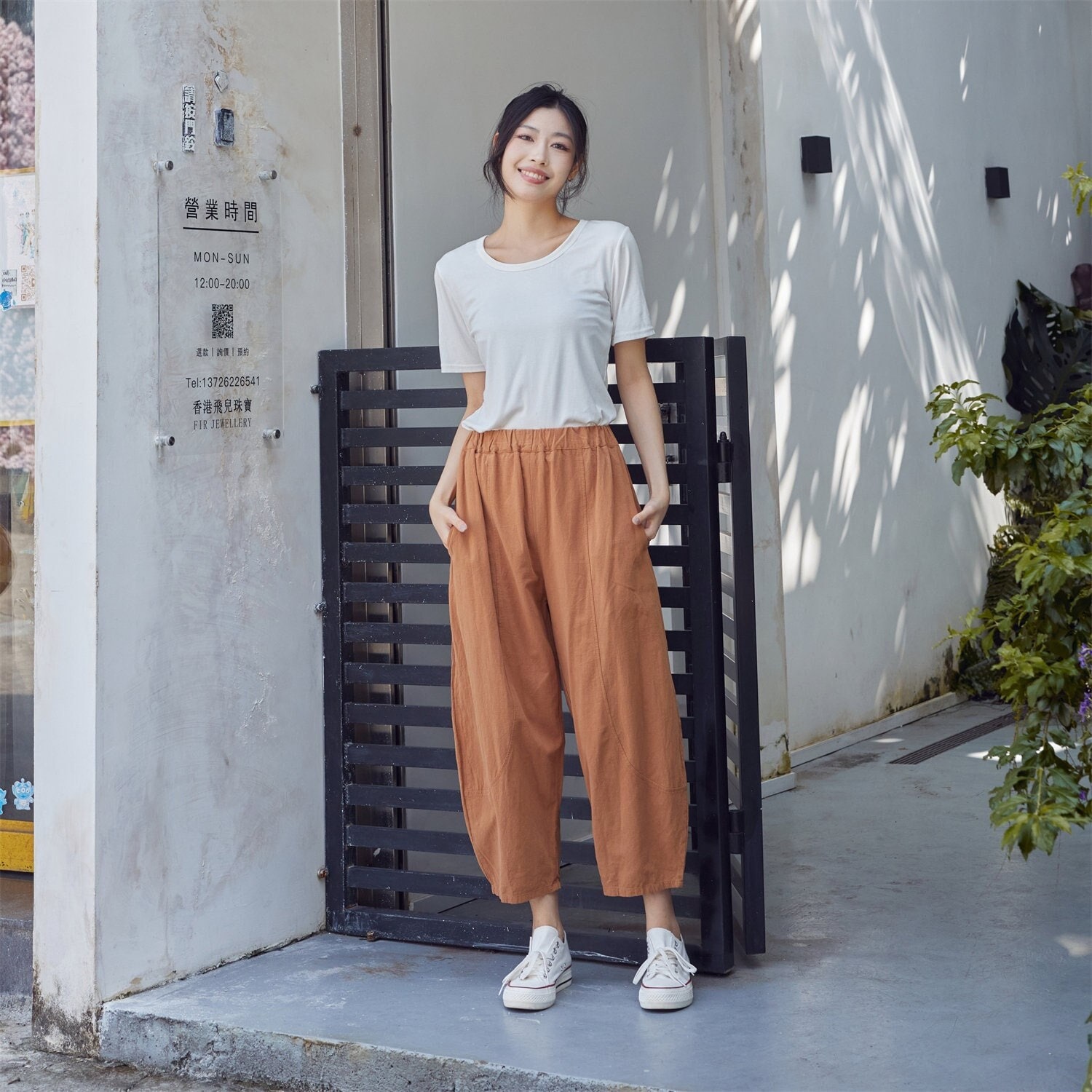 【BAON】Minami Brown Washing Cotton Wide Pants Summer Women Elastic Waist Cotton Pants Soft Casual Loose