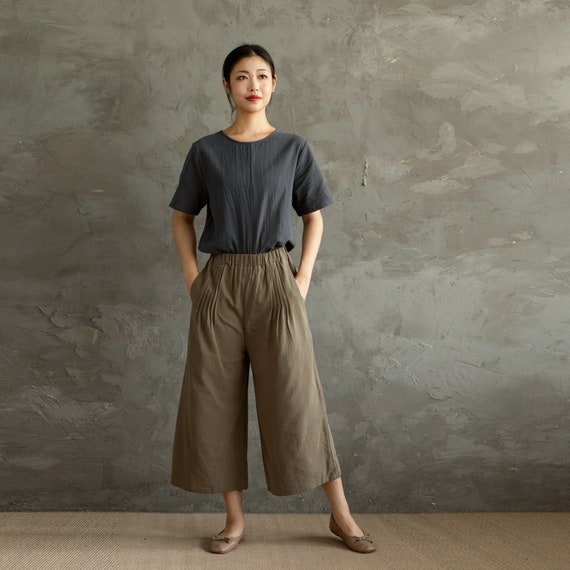 Summer Pants Elastic Waist Cotton Pants Soft Casual Loose Cropped Pant Midi  Trousers Wide Leg Skirt Pant Customized Plus Size Linen Pant 