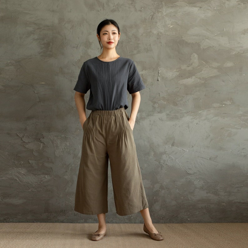 Summer Pants Elastic Waist Cotton Pants Soft Casual Loose Cropped Pant Midi Trousers Wide Leg Skirt Pant Customized Plus Size Linen Pant image 1