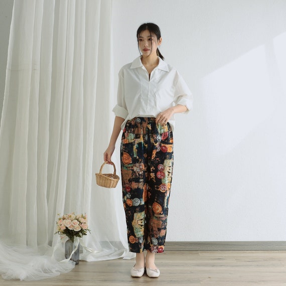 Floral Summer Pant Printed Elastic Waist Cotton Pants Soft Casual