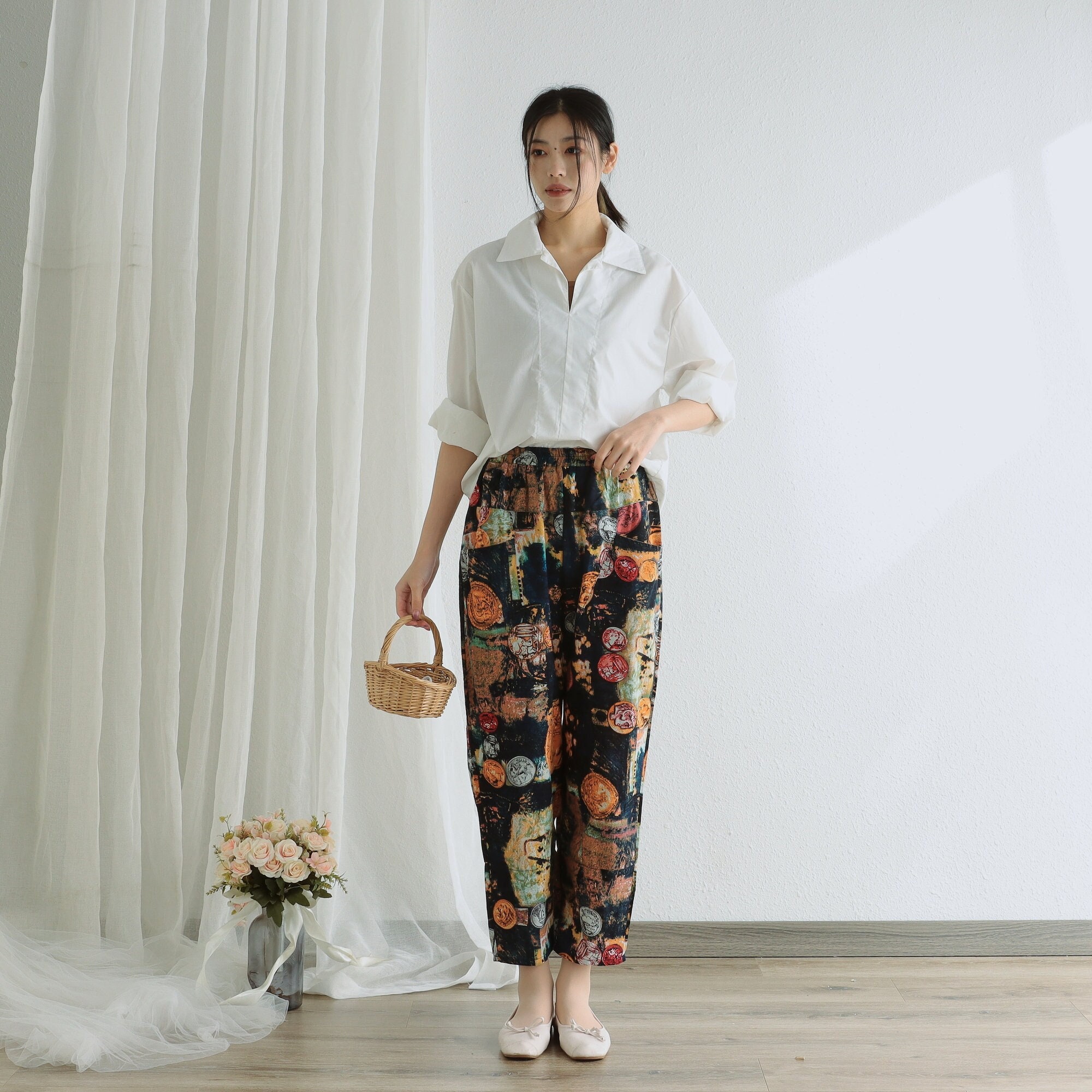 Floral Summer Pant Printed Elastic Waist Cotton Pants Soft