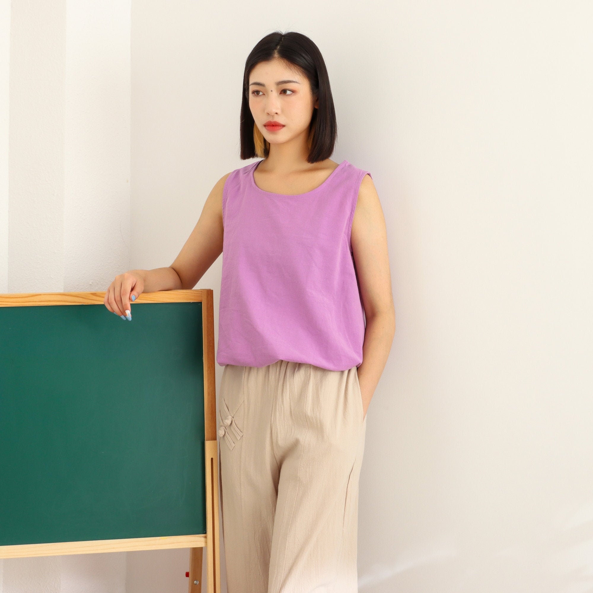 Camiseta sin mangas de lino y algodón, blusa, camisola de lino, ropa hecha a mano para mujer, Top hecho a mano, ropa de talla grande, lino