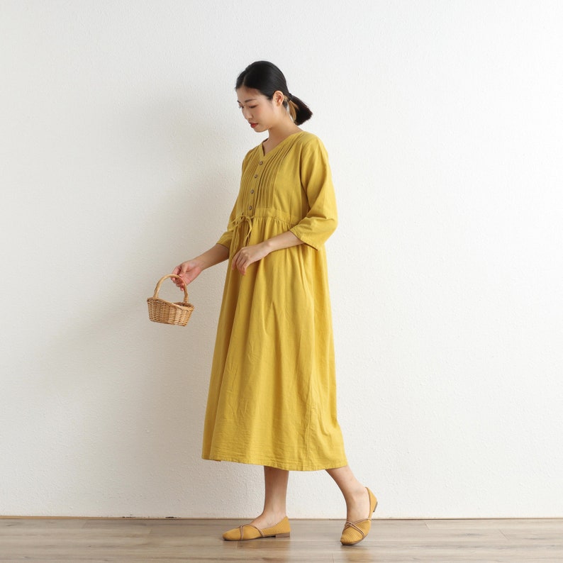 Summer Dress Cotton Dress Shirt Casual Loose Dress Tunics 3/4 Sleeves Robes Knee Dresses Customized Dress Plus Size Clothing Linen Dress image 3