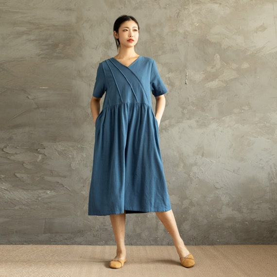 short summer cotton dresses Summer Cotton Dress Casual Loose Tunics Short Sleeves V-neck Shirt Robes Knee Dresses Customized Dress Plus Size Clothes Linen Dress