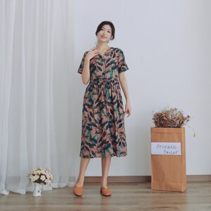 Printed Summer Dress Cotton Dress Casual Loose Tunics Short Sleeves V-neck Shirt Robes Knee Dresses Customized Dress Plus Size Linen Dress image 3