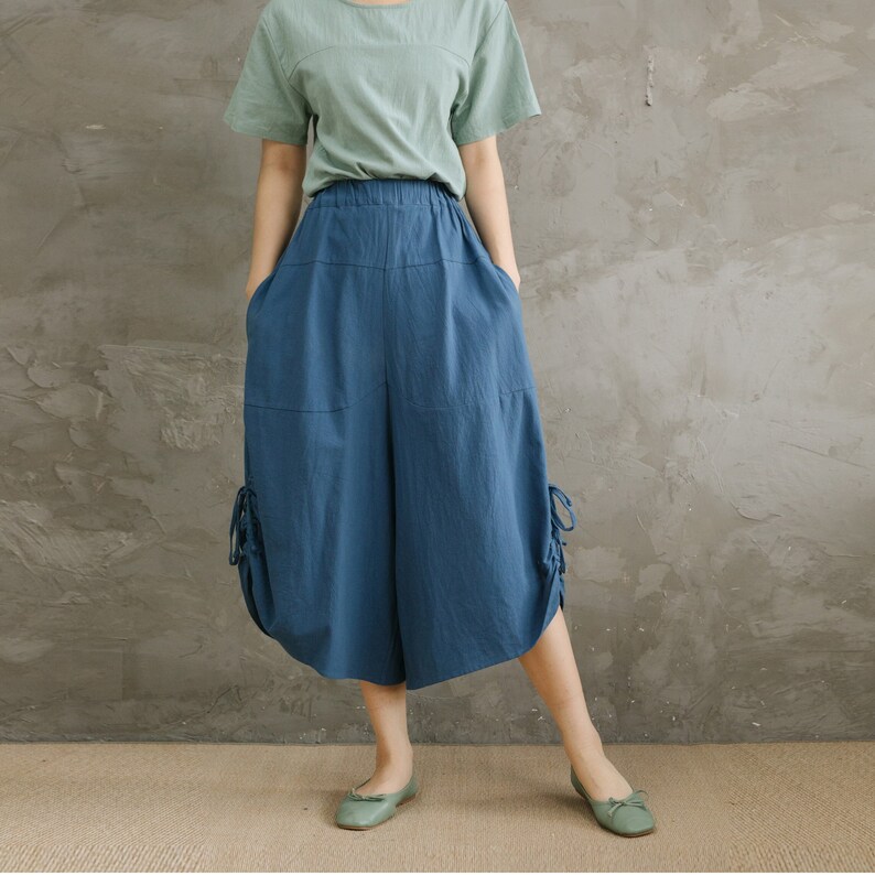 Summer Elastic Waist Cotton Pants Soft Casual Loose Cropped Pant Midi Trousers Wide Leg Skirt Pant Customized Plus Size Pants Linen image 2