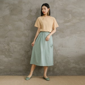 Summer Cotton Skirts A-line Pleated Elastic Waist Skirt Flared Casual Loose Midi Skirts Customized Plus Size Skirt Boho Linen image 2