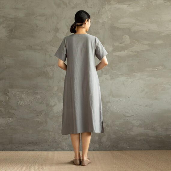 green emerald velvet dress Women Summer V-Neck Cotton Linen Loose Dress  Babakud