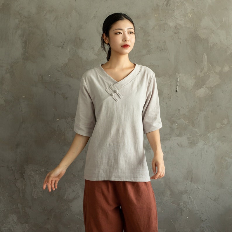 Women's Summer Cotton Tops Half Sleeves Blouse Casual Loose Kimono Customized Shirt Top Hand Made Plus Size Clothes Linen image 1