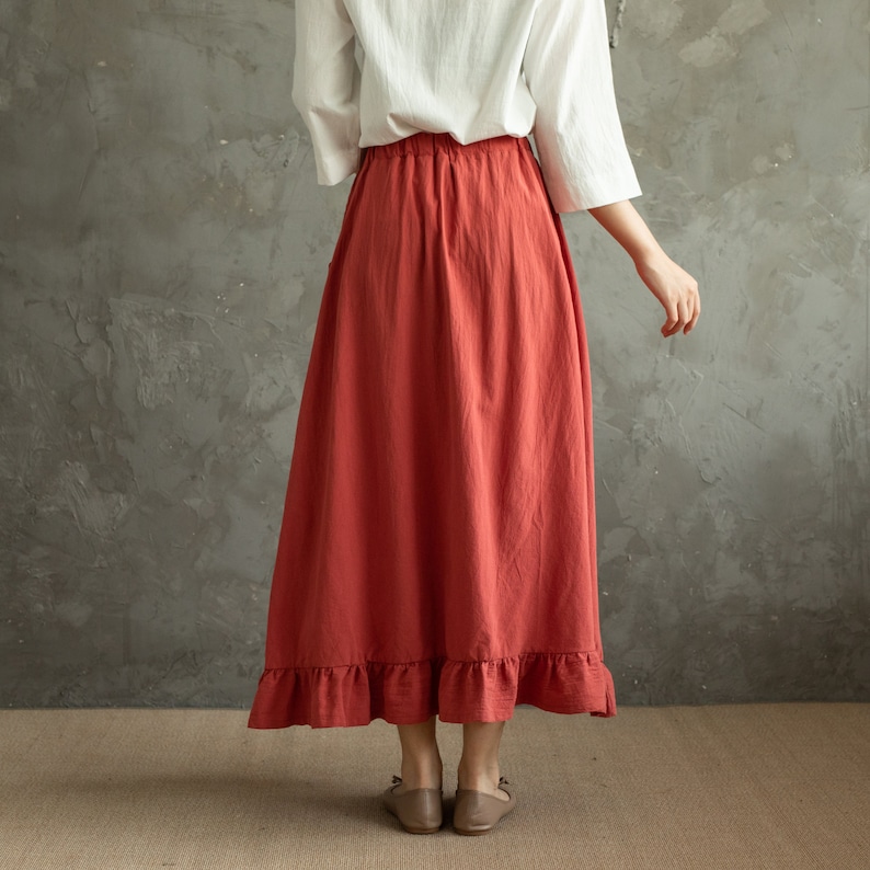 Summer Cotton Skirts A-line Pleated High-Low Hem Elastic Waist Skirt Flared Casual Loose Maxi Skirts Customized Plus Size Skirt Boho Linen image 9