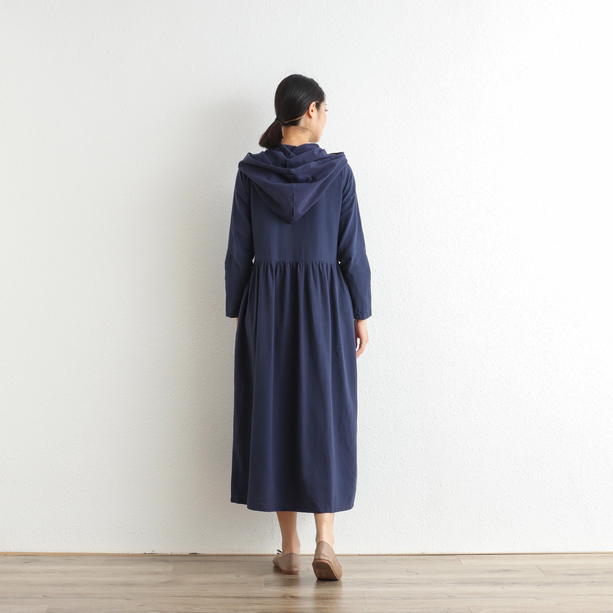 Cotton Hooded Dress Casual Loose Robes Long Sleeves Shift Dresses Midi ...