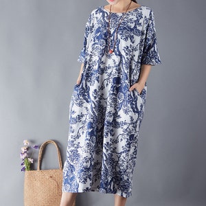 Summer Dress Printed Cotton Dress Floral Casual Loose Robes Half Sleeves Shift Dress Boho Midi Dresses Customized Dress Plus Linen Dress image 6