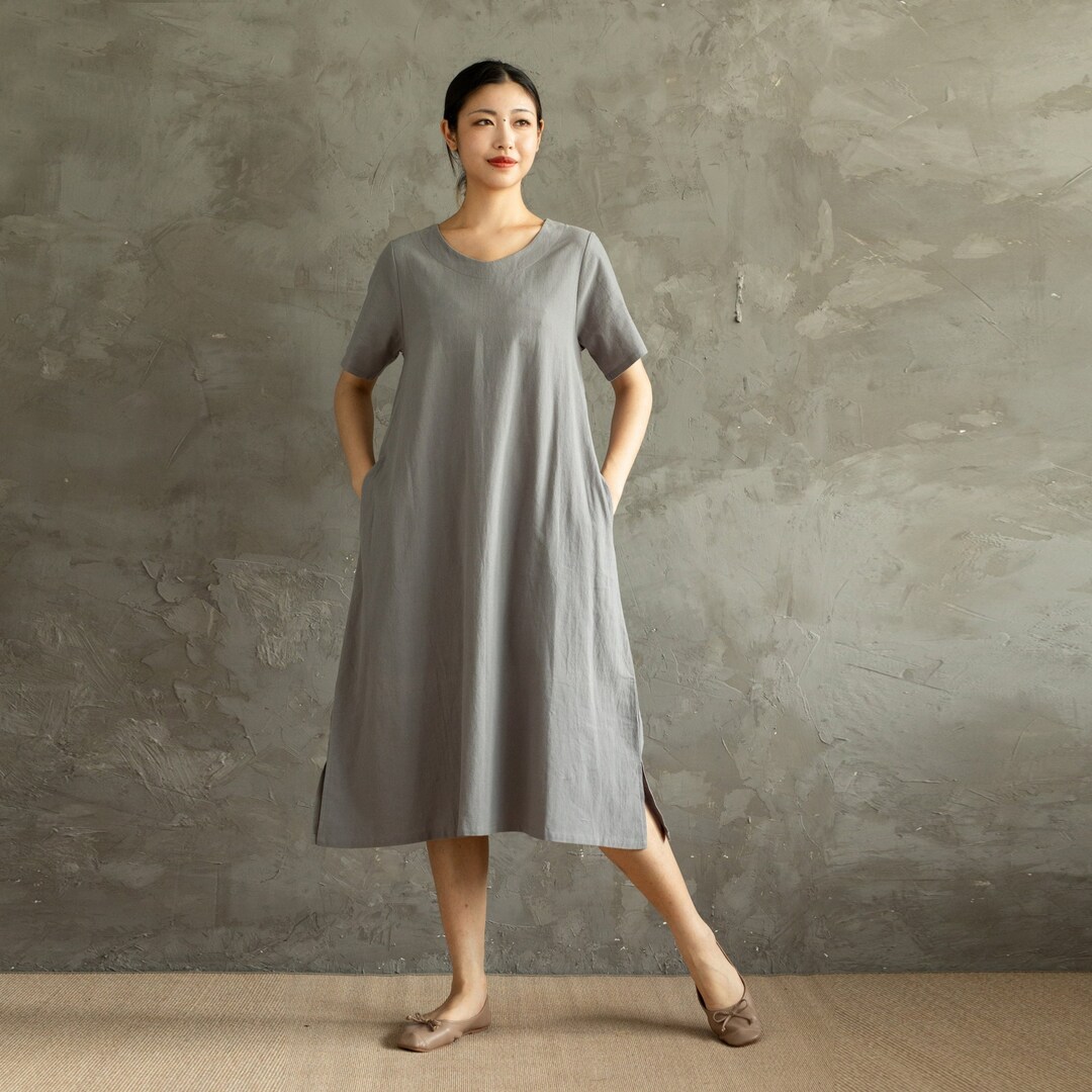 plain cotton dress DEUUZHENQI 3/4 Sleeve Summer Cotton Linen Midi Dress for Women Button V Neck High Waisted Plain Casual Leaf Sleeve Dresses for Daily Wear, Women's,