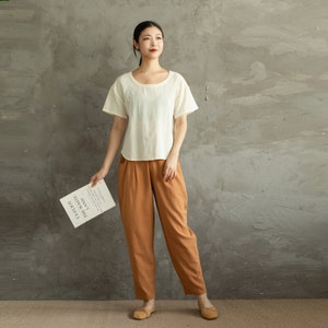 Summer Women Elastic Waist Cotton Pants Soft Casual Loose Boho Trousers Wide Leg Pant Customized Plus Size Pants Linen Spring Pant image 2