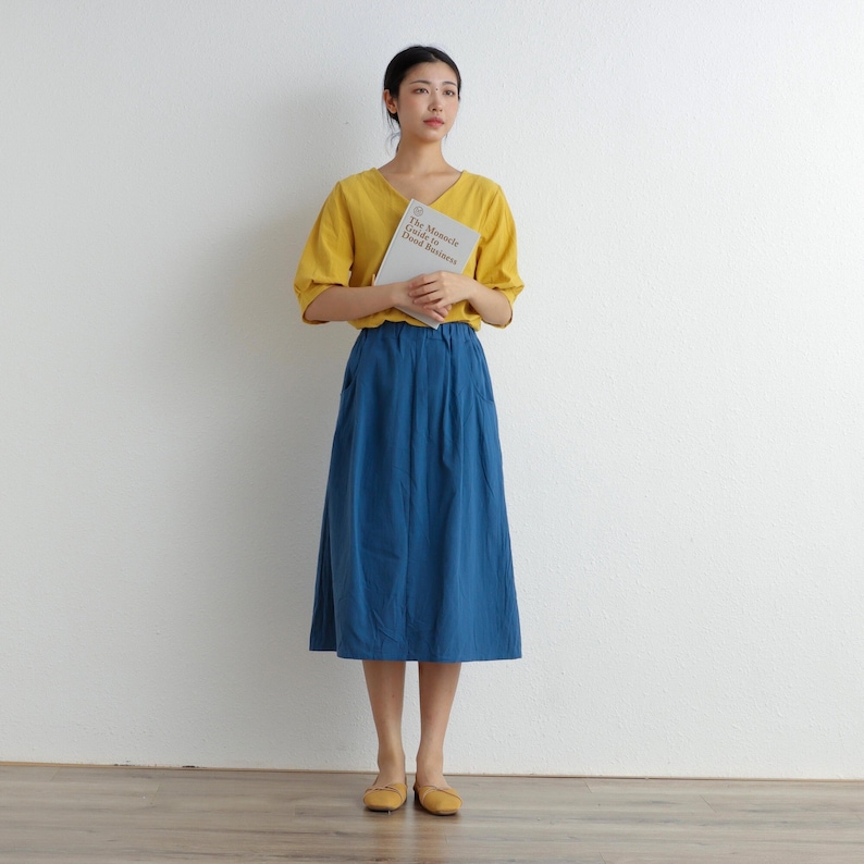 Summer Cotton Skirt Casual Loose Skirts A-line Pleated Elastic Waist Skirt Flared Midi Skirts Customized Plus Size Skirt Boho Linen Skirt image 1