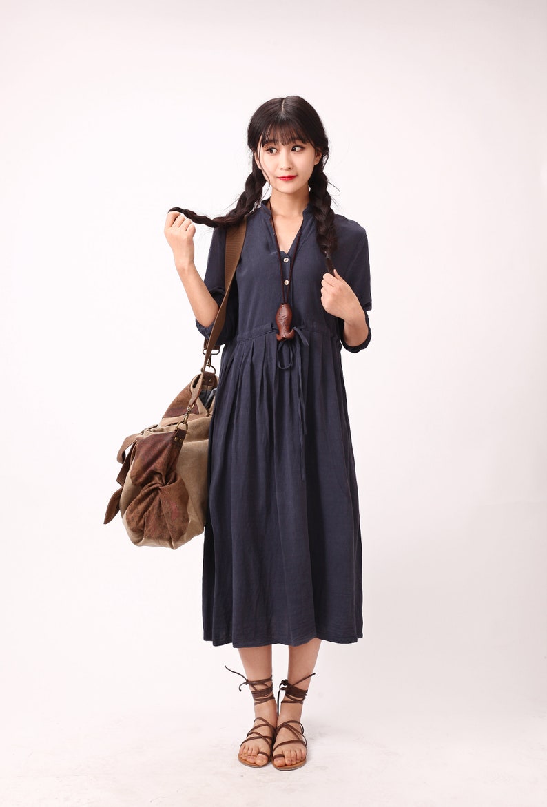 Women Long Sleeves Cotton Dress Soft Casual Loose Tunics Shirt V-neck Robes Midi Dresses Customized Dress Plus Size Clothing Linen image 4