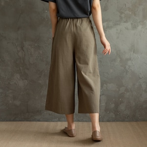 Summer Pants Elastic Waist Cotton Pants Soft Casual Loose Cropped Pant Midi Trousers Wide Leg Skirt Pant Customized Plus Size Linen Pant image 6