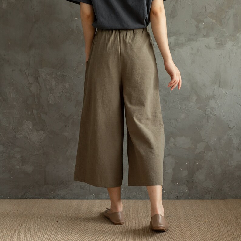 Summer Pants Elastic Waist Cotton Pants Soft Casual Loose Cropped Pant Midi Trousers Wide Leg Skirt Pant Customized Plus Size Linen Pant image 6