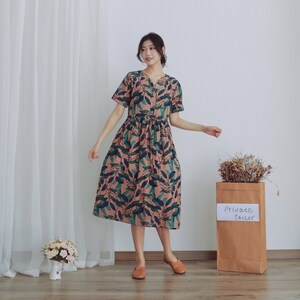 Printed Summer Dress Cotton Dress Casual Loose Tunics Short Sleeves V-neck Shirt Robes Knee Dresses Customized Dress Plus Size Linen Dress image 4