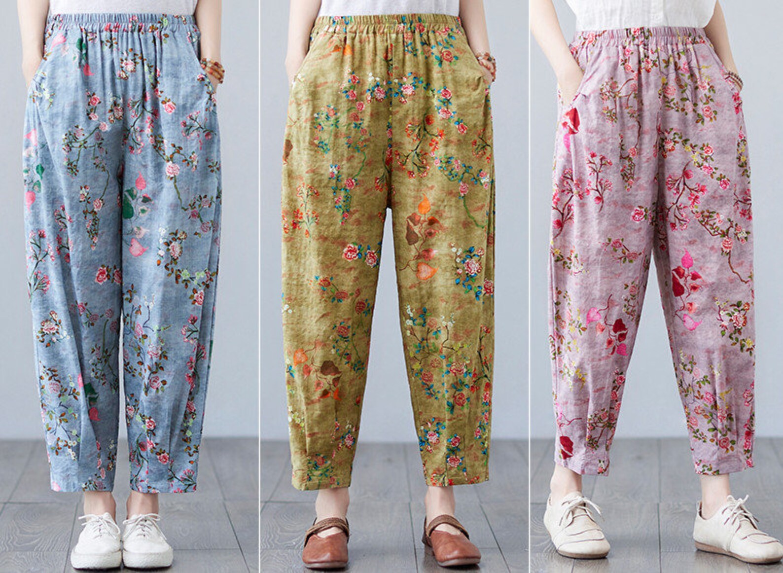 Casual Loose Elastic Waist Floral Pants