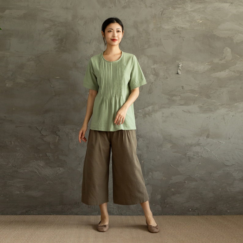 Summer Pants Elastic Waist Cotton Pants Soft Casual Loose Cropped Pant Midi Trousers Wide Leg Skirt Pant Customized Plus Size Linen Pant image 2