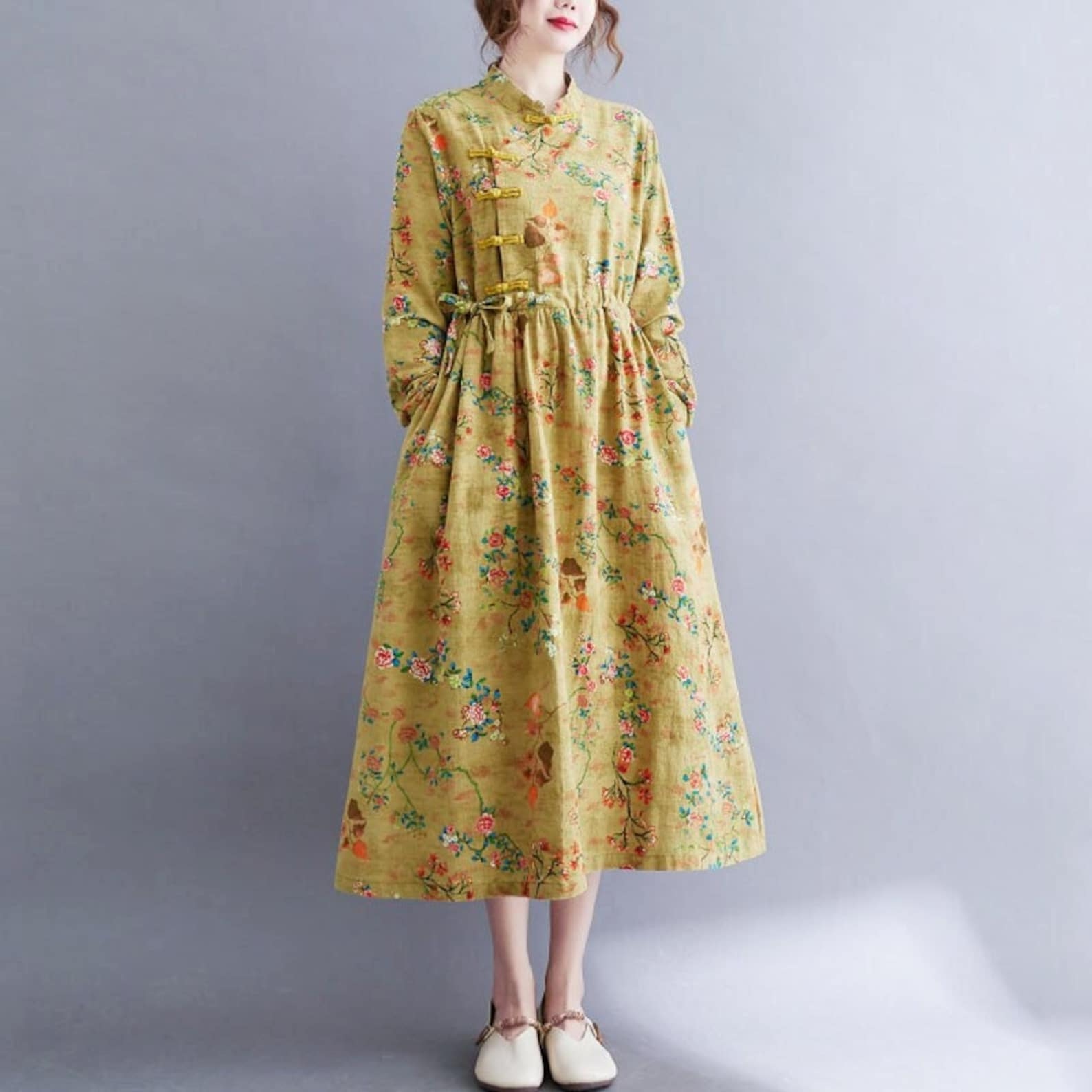 Cotton Linen Drawstring Dress