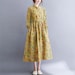 Cotton Linen Drawstring Dress Large Size Long Sleeves Disc Button Swing Skirt Improved Cheongsam Print Women's Spring and Autumn Linen Dress 