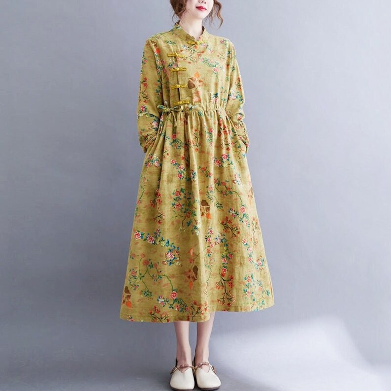 Cotton Linen Drawstring Dress Large Size Long Sleeves Disc Button Swing Skirt Improved Cheongsam Print Women's Spring and Autumn Linen Dress 