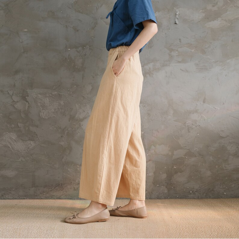 Summer Elastic Waist Cotton Pants Soft Casual Loose Trousers Wide Leg Pant Customized Plus Size Pants Linen Spring Pant image 4