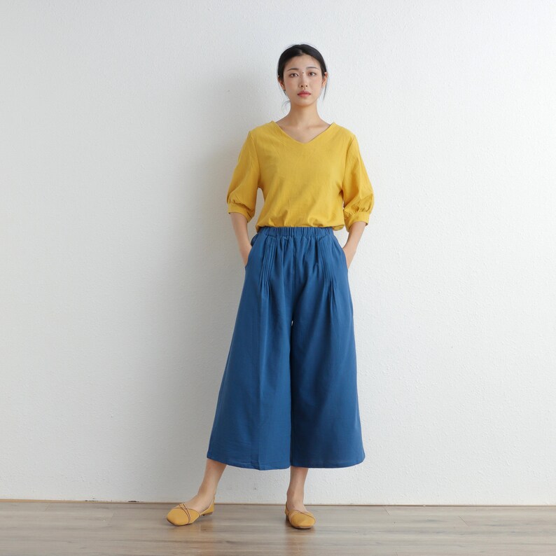 Summer Cropped Pant Elastic Waist Pant Cotton Pants Soft Casual Loose Trousers Wide Leg Skirt Pant Customized Plus Size Pants Linen Pant image 2