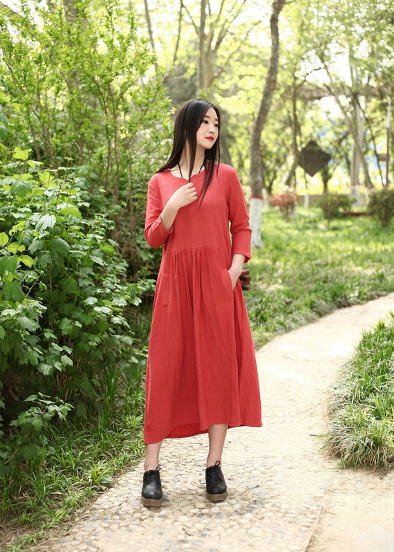Summer Cotton Dress Shirt Casual Loose Dress Tunics 3/4 Sleeves Robes Midi Dresses Customized Dress Plus Size Clothing Linen