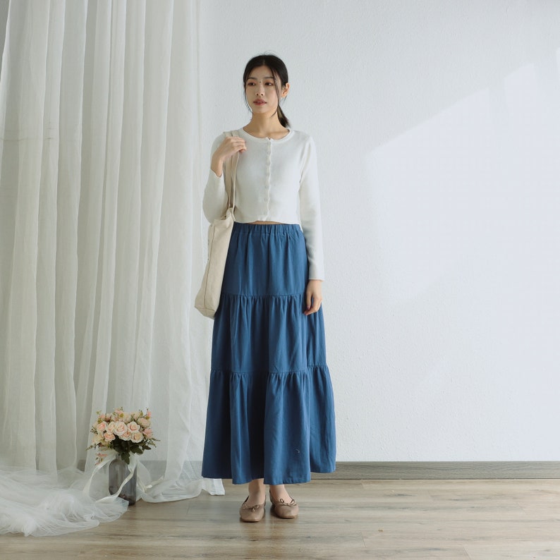 Summer Cotton Skirt Casual Loose Skirts A-line Pleated Elastic Waist Skirt Flared Midi Skirts Customized Plus Size Skirt Boho Linen Skirt image 3