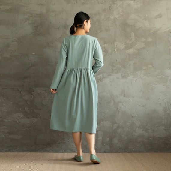 New Spring Cotton Dress V-neck Casual Loose Dress Tunics Long Sleeves Robes Knee Dresses Customized Dress Plus Size Clothing Linen Dress