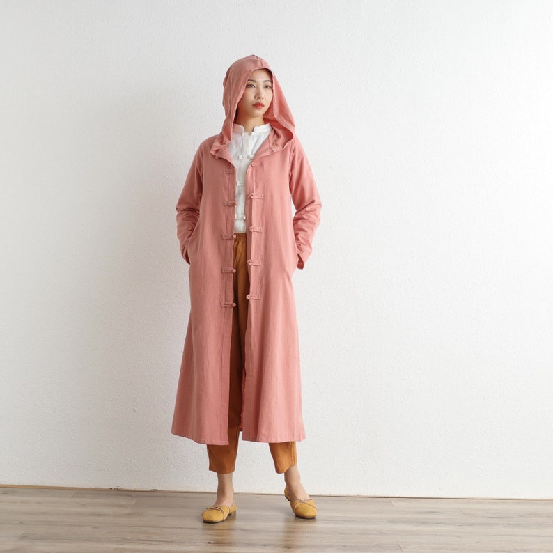 Hooded Cotton Dress Coat Casual Loose Robes Long Sleeves Cardigan Shift Dresses Midi Coat Customized Plus Size Clothing Linen 287 image 1