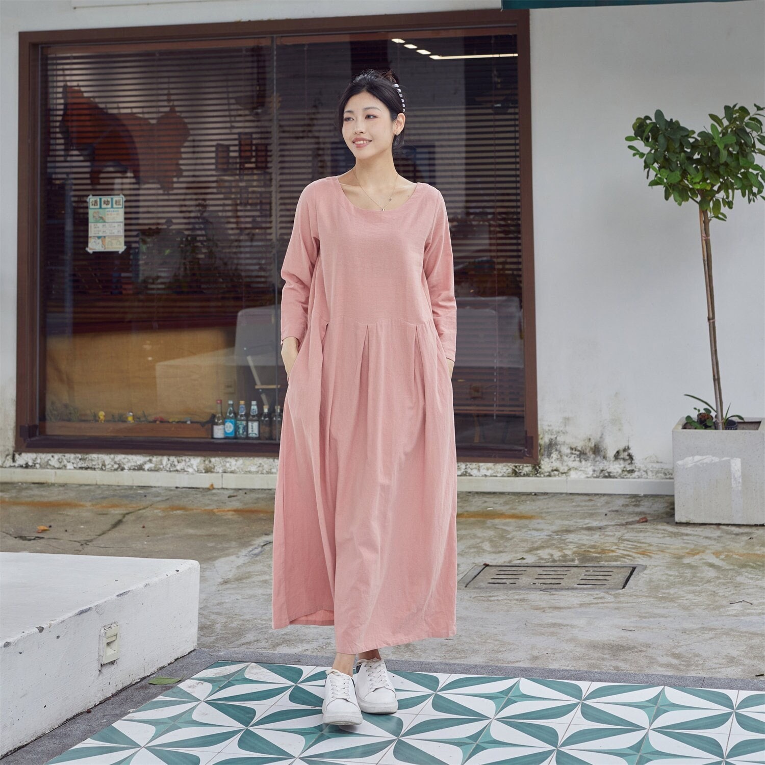 Women Cotton Dress Soft Casual Loose Robes Long Sleeves Shift Dress Boho Maxi Dresses Customized Dress Plus Size Clothing Linen Dress