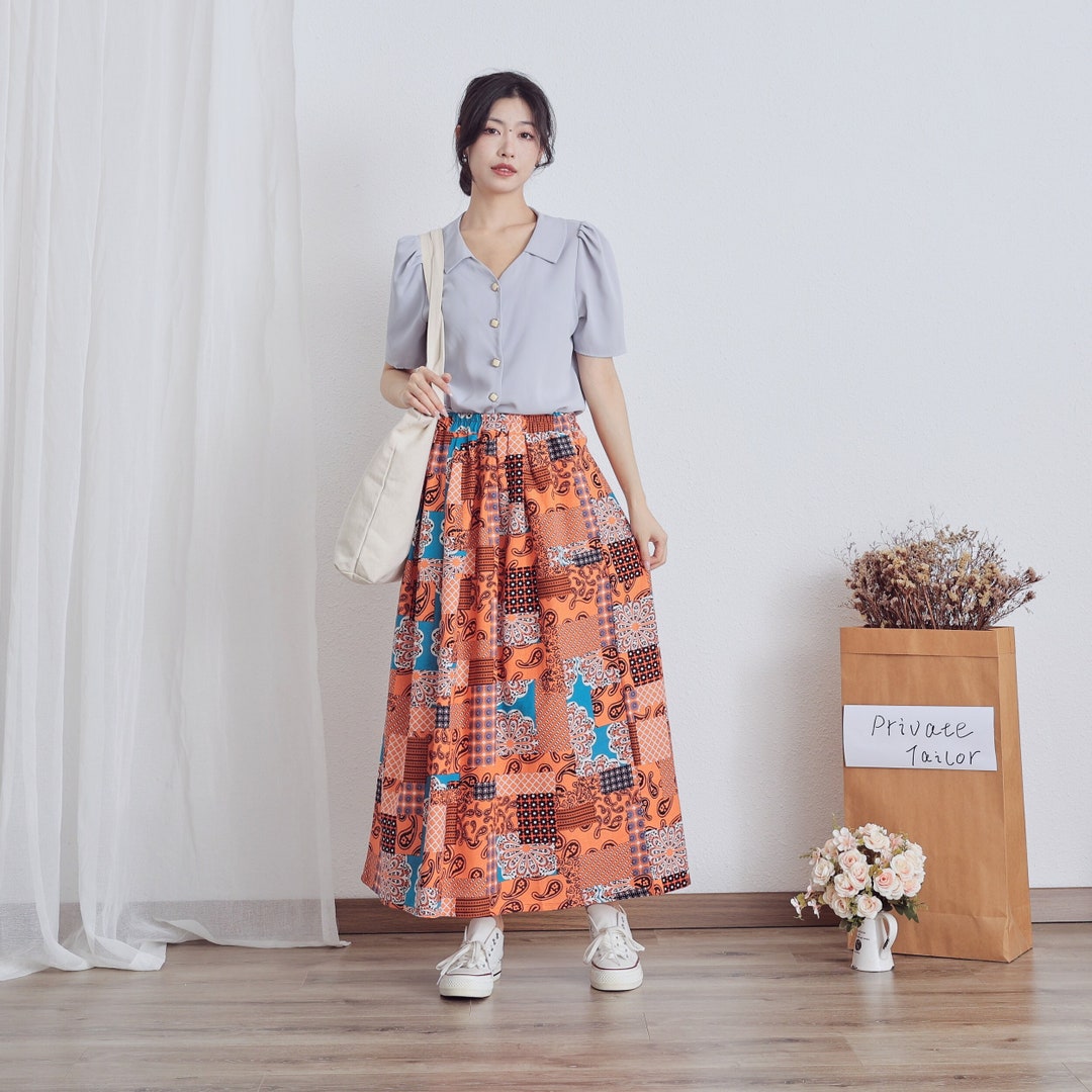 Printed Summer Cotton Skirts Aline Pleated Elastic Waist Skirt Flared