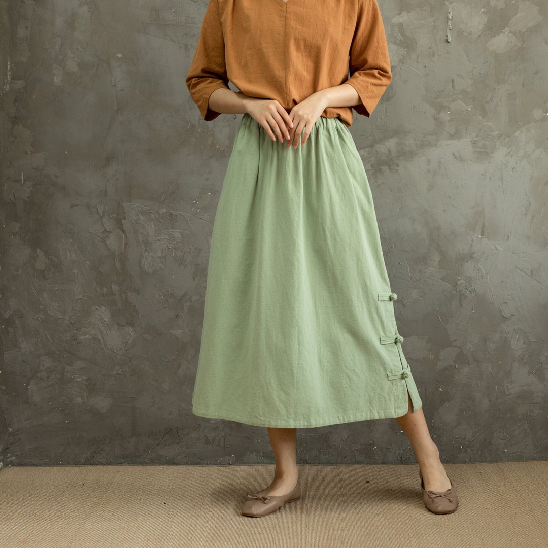 Summer Cotton Skirts Aline Pleated Elastic Waist Skirt Flared Casual