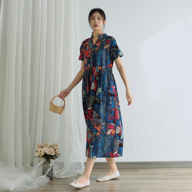 Printed Dress Summer Floral Cotton Dress Shirt Casual Loose Dress Tunics Short Sleeves Midi Dresses Customize Dress Plus Size Linen Dress image 3