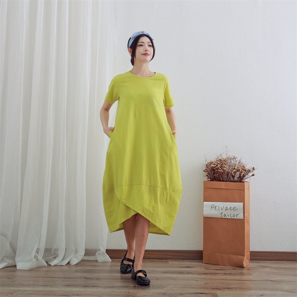 Summer Dress Cotton Dress Shirt Casual Loose Dress Tunics Short Sleeves Robes Midi Dresses Customized Dress Plus Size Clothing Linen Dress