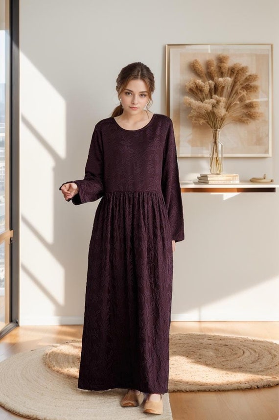 Winter/Fall Heavier Cotton Jacquard Dress Warm Maxi Dres Thicker Dress Long Sleeves Casual Loose Robes Outwear XS-6XL (Custom Plus Size)